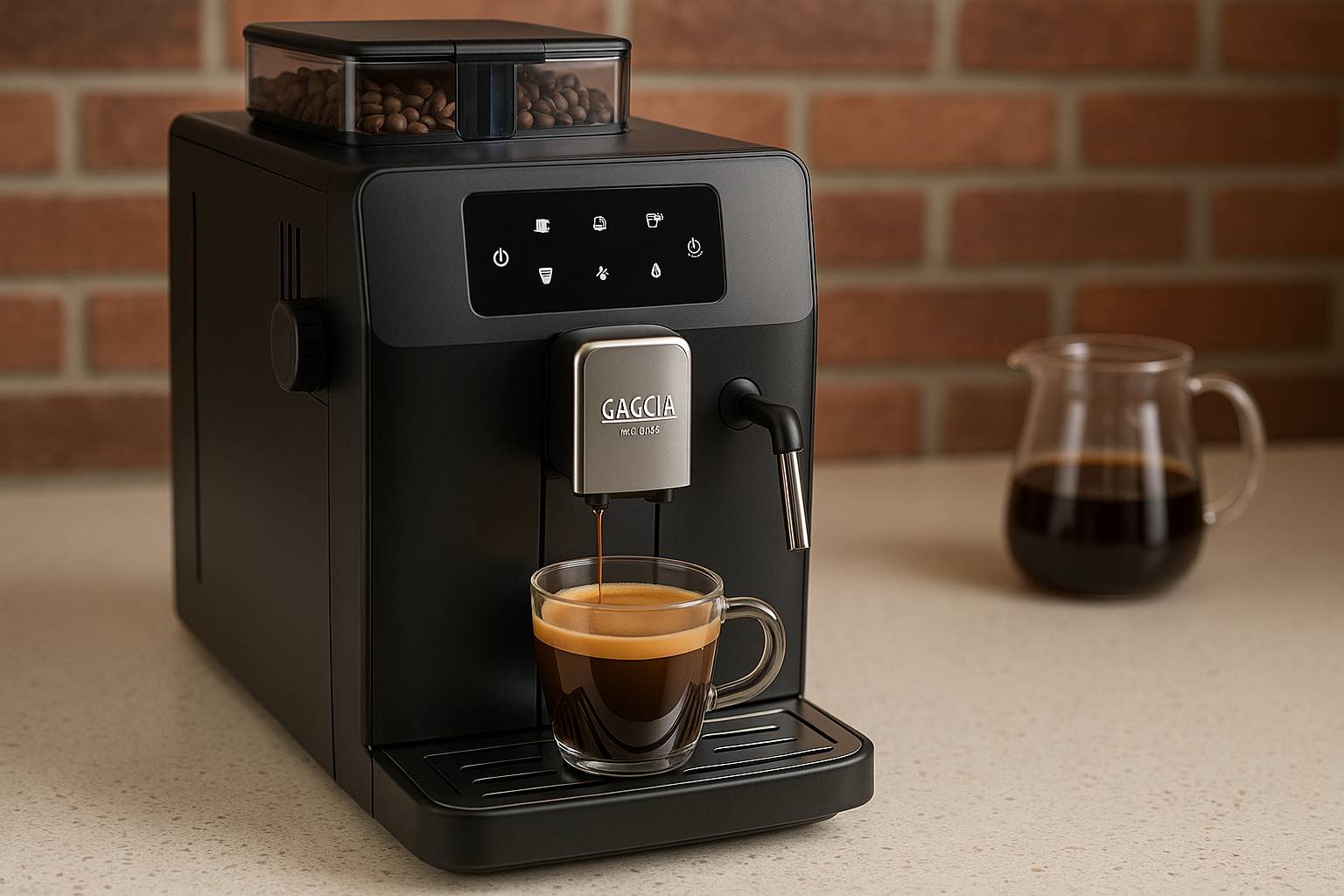 alt="מכונת קפה אוטומטית Gaggia בעיצוב איטלקי אלגנטי עם כוס אספרסו על משטח מטבח מודרני, רקע קיר לבנים חם ותאורה רכה"